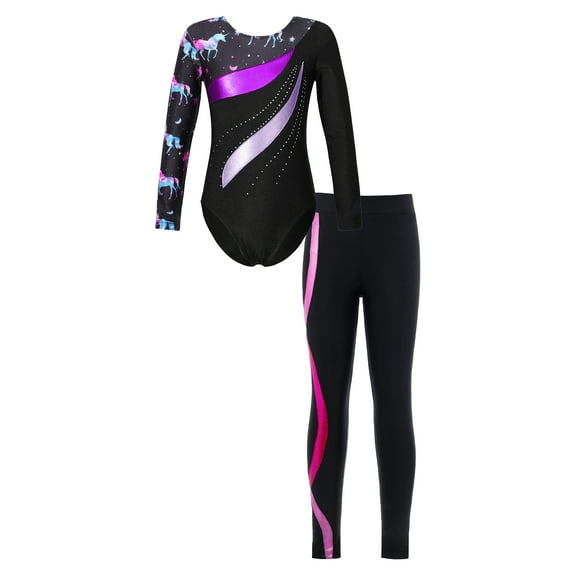 iiniim Kids Girls Gymnastics Dance Workout Outfits 2 Piece Long Sleeve Leotard with Leggings Full Body Unitard Purple&Hot Pink 12
