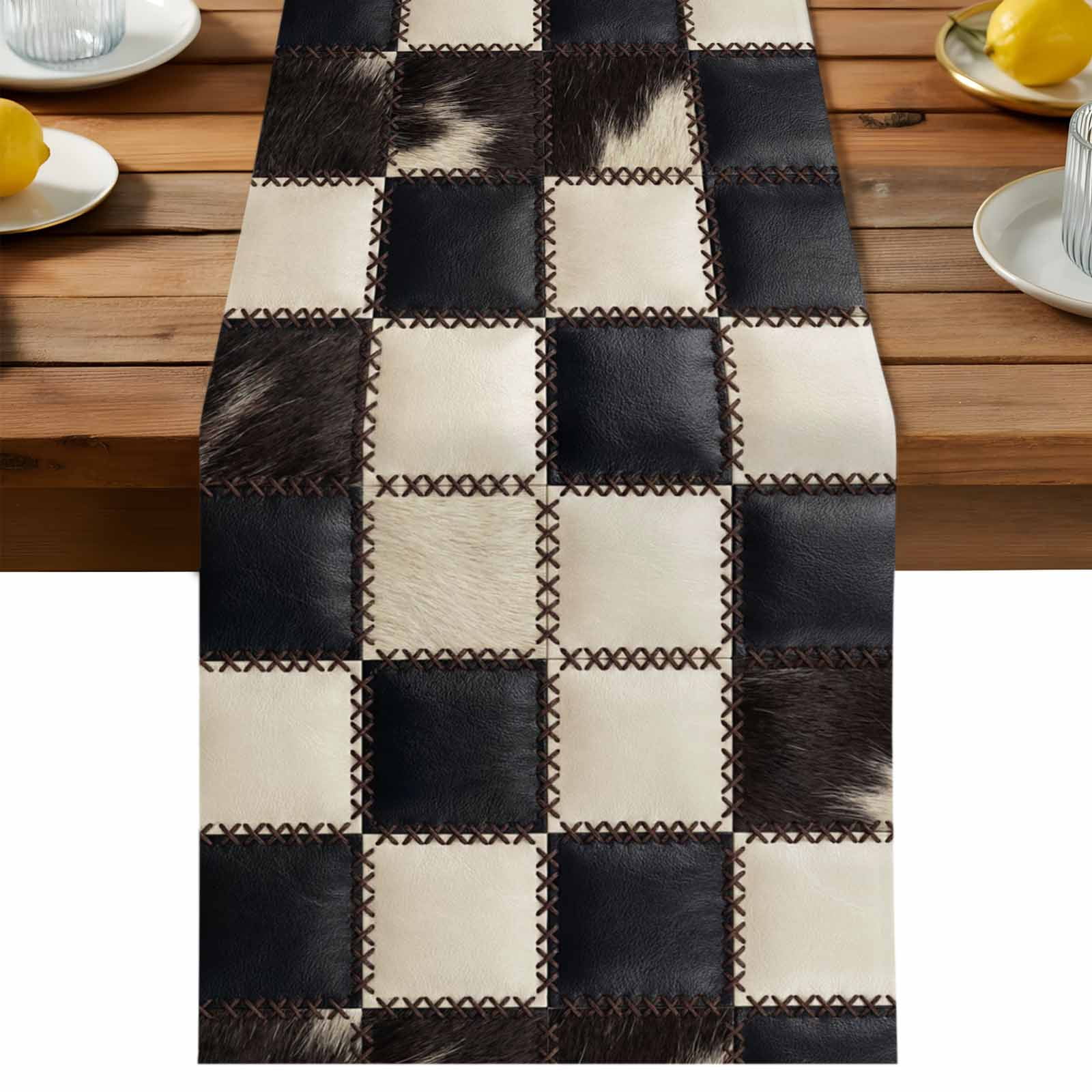 Leather Patchwork Table Runner 18x72 Inch Country Farmhouse Black White Brown Plaid Checkered Cotton Linen Dining Table Runner Ideal for Dresser Kitchen Coffee Tables - Machine Washable