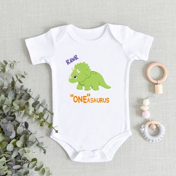 Bella Canvas with First Birthday Boy, Dinosaur One Birthday, 1 Year Old Boy, Oneasaurus Dino, Cake Smash Birthday Cute Baby Boy or Girl Bodysuit Gift