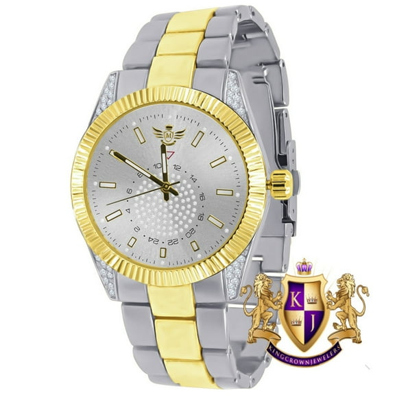 Men's Stainless Steel 14K White Gold Finish 2 Tone/Silver Dial Simulated Diamond 5 ATM Water Resistance Precedential Watch 40mm