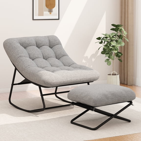 Oversized Outdoor Rocking Chair with Foot Rest, Papasan Rocking Chair with Thick Cushion,Modern Lounge Rocker for Patio Porch Garden Balcony, Indoor