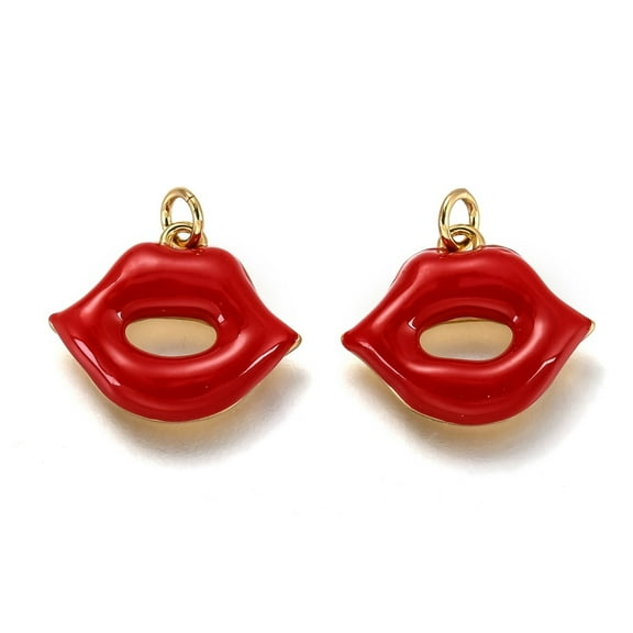 Brass Enamel Pendants Long-Lasting Plated Real 18K golden Plated with Jump Ring Lip Red 13.6x16x2.5mm Hole: 2.4mm