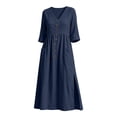 thumbnail image 4 of Ynynloco Women's Cotton Linen Dresses 3/4 Sleeve Casual V-Neck High Waisted A Line Midi Dress Flowy Midi Dress with Pockets Fall Outfits, 4 of 6