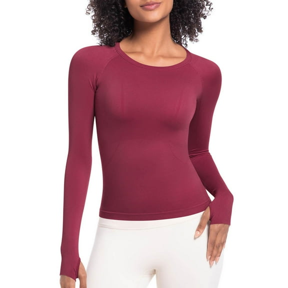 Tops For Women Trendy Summer Casual Solid Color Sports Yoga Drying Long Sleeved Round Neck Wine Casual Loose Tunic Blouses S-XL