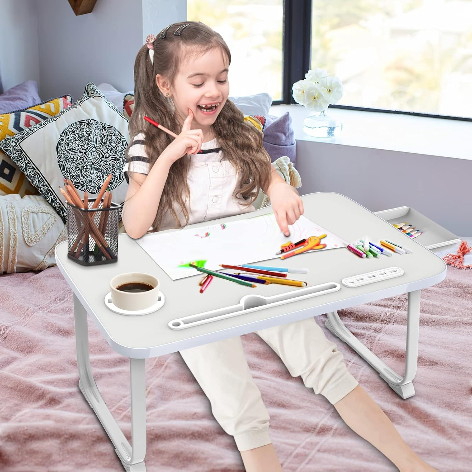 Laptop Bed Desk, Portable Foldable Lap Bed Table with USB Charge Port Storage Drawer and Cup Holder,Lap Desk Laptop Stand Tray Table Serving Tray for Eating, Reading and Working