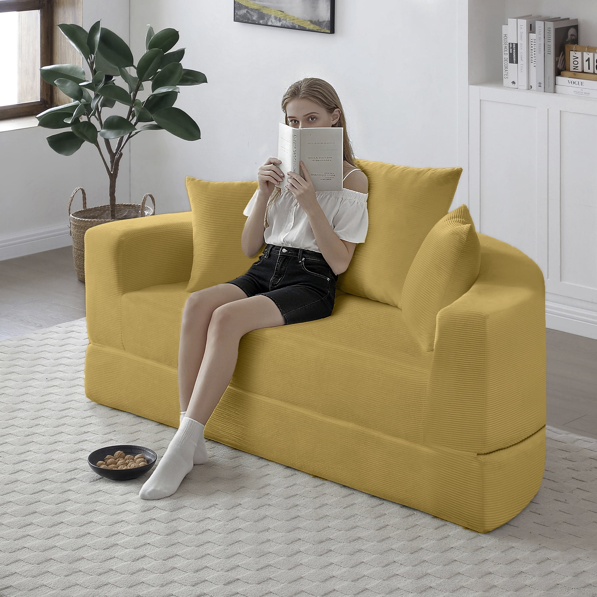 Leumius 2 in 1 Convertible Sofa Bed,Oversized Corduroy Upholstered Boneless Couch,Loveseat Sleeper with Pull Out Bed for Living Room Bedroom Lounge,No Assembly Required,Yellow