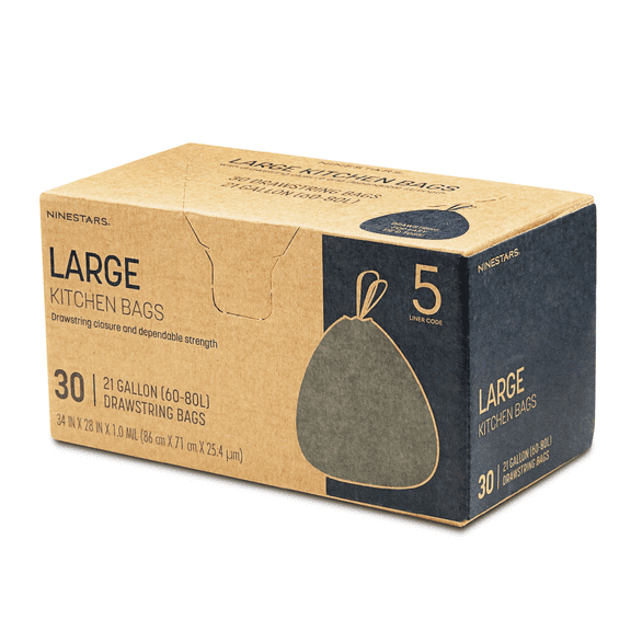 Nine Stars Trash Bags, 21 Gallon Garbage Bags with Drawstring Closure, 30 Pack