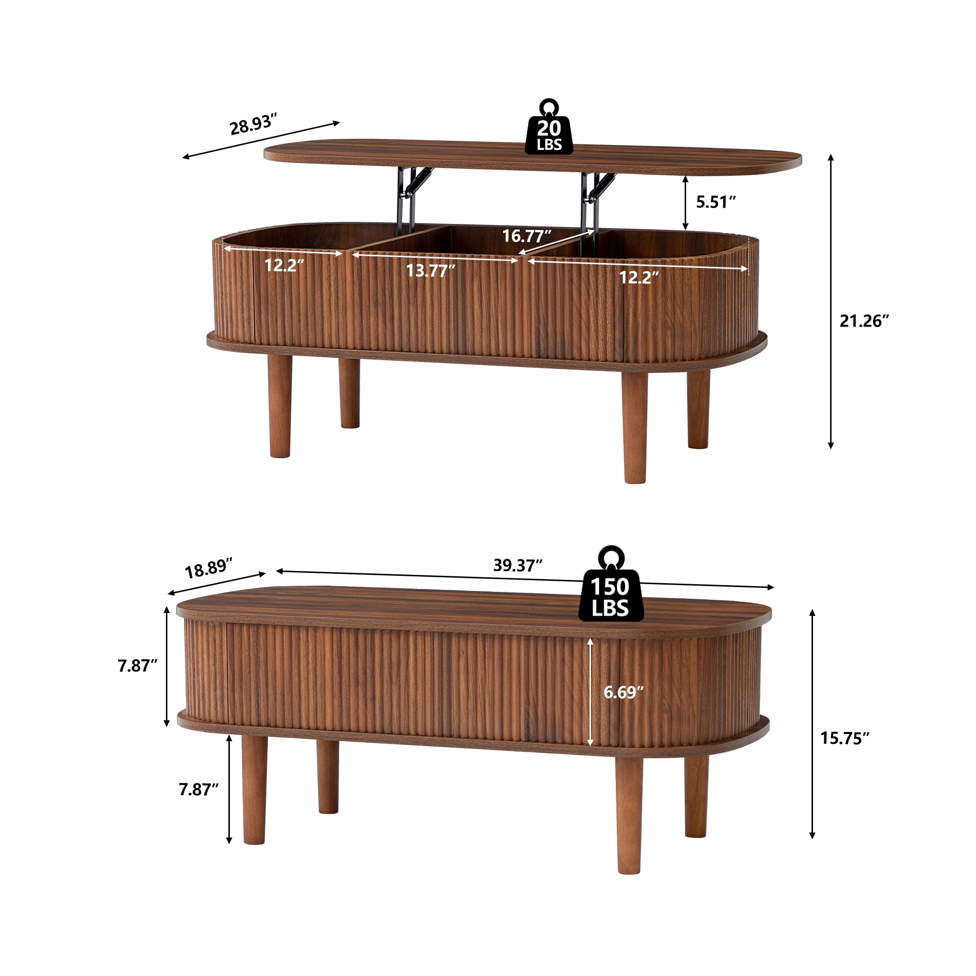 PHOYAL Wood Lift Top Coffee Table with Storage, Fluted Oval Coffee Table with Hidden Compartments for Living Room, Walnut