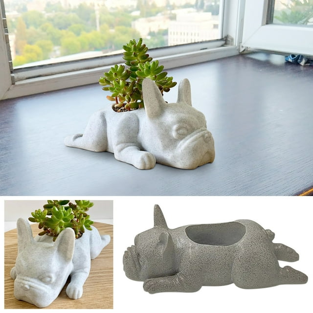 Maceta de suculentas para perros de resina | Mini maceta de cachorro para la decoración de la oficina del jardín del hogar | Contenedor de bonsái lindo estilo bulldog francés | Blanco | Jardinera de