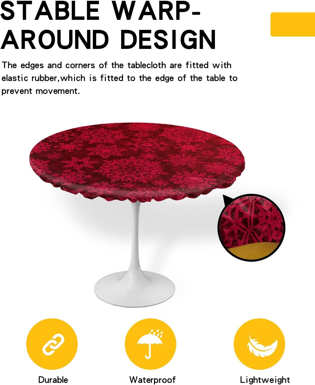 Christmas Snowflake Round Tablecloth Fitted Table Cover, Xmas Gradient Red Watercolor Art Elastic Tablecloths Waterproof Outdoor Indoor Stretch Cloth Tablecover for Dinner, Party, Shower, 36-44IN