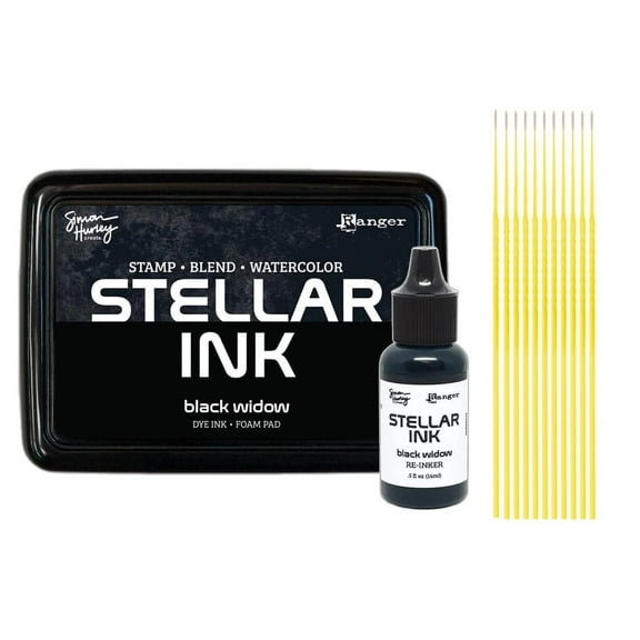 Simon Hurley Stellar Dye Ink Bundle - SHC Stellar Black Widow Ink Pad & Reinker, Released May 2025, with Trebbies Detail Sticks