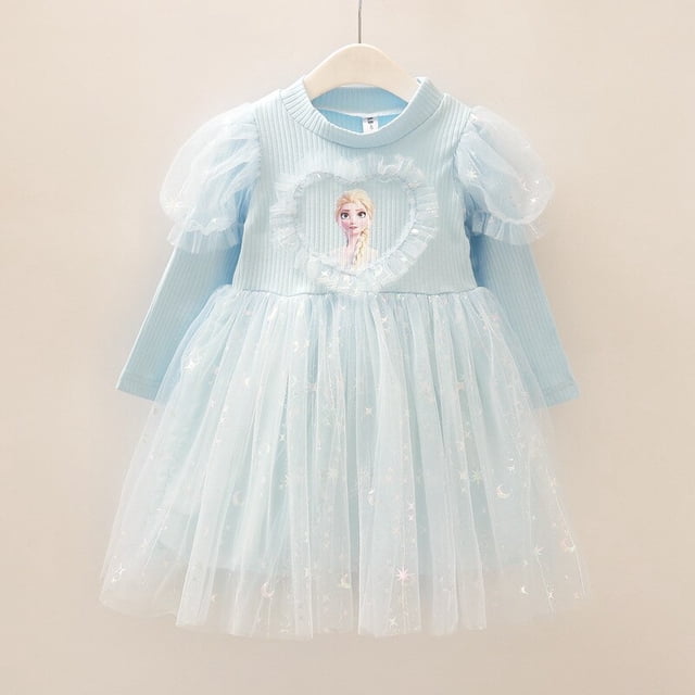Frozen Elsa princesa falda punto niñas otoño vestido de manga larga niña mullido malla vestido falda mostrar vestido regalo de Navidad para niños 100cm zhangmengya CONDUJO
