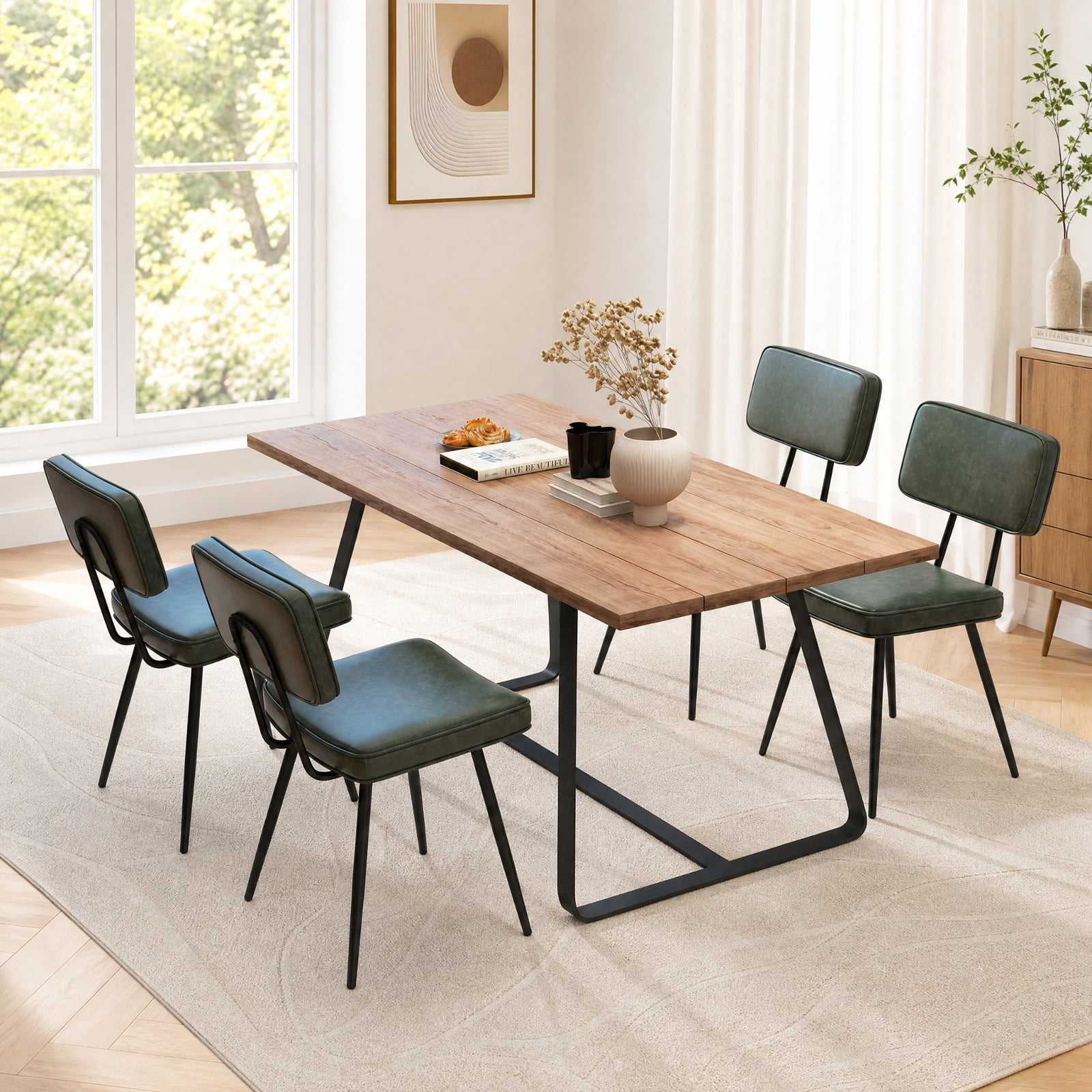 Furnibear Leather Dining Chairs Set of 2 with Padded Backrest and Tapered Metal Legs for Kitchen Dining Room, Dark Green