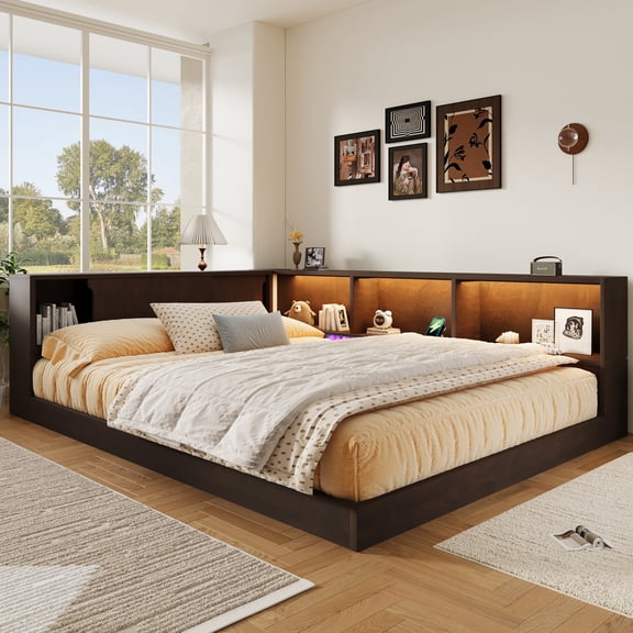 Queen Size Wood Daybed with Storage Shelves, USB Ports and LED Lights, Multifunctional Solid Wood Daybed for Bedroom, Guest Room, Home Office, No Box Spring Needed, Brown