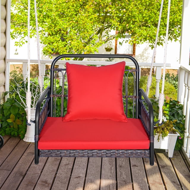 Costway Patio Hanging Rattan Basket Chair Swing Hammock Chair with Seat Cushion