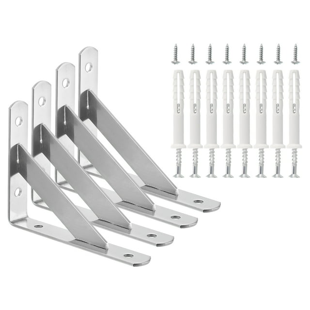 Soportes de estante, paquete de 4, 4" x 0.7" - Soporte triangular sólido de acero inoxidable, soportes L removibles (2 mm de grosor)