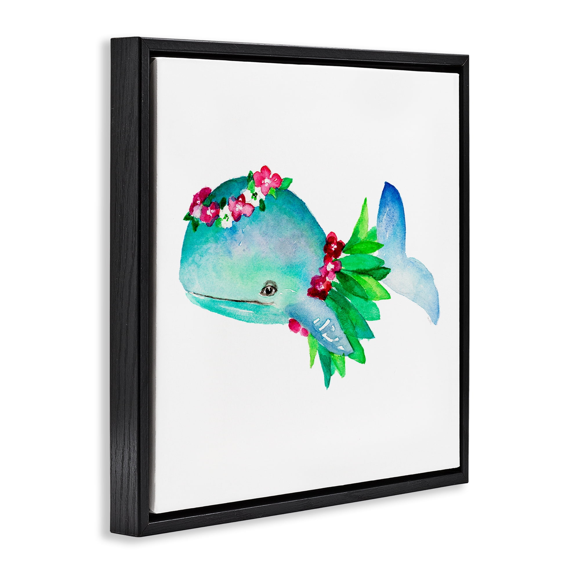 Stupell Industries Hula Skirt Whale Novelty Painting Black Floater Framed Canvas Art Print Wall Art, 18 x 18