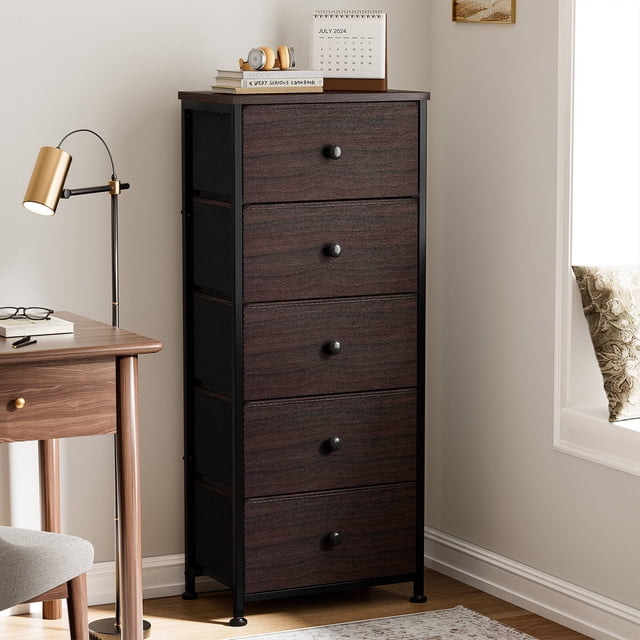 GUNAITO Commode Haute pour Chambre avec 5 Tiroirs Commode Bac de Rangement en Tissu Brun