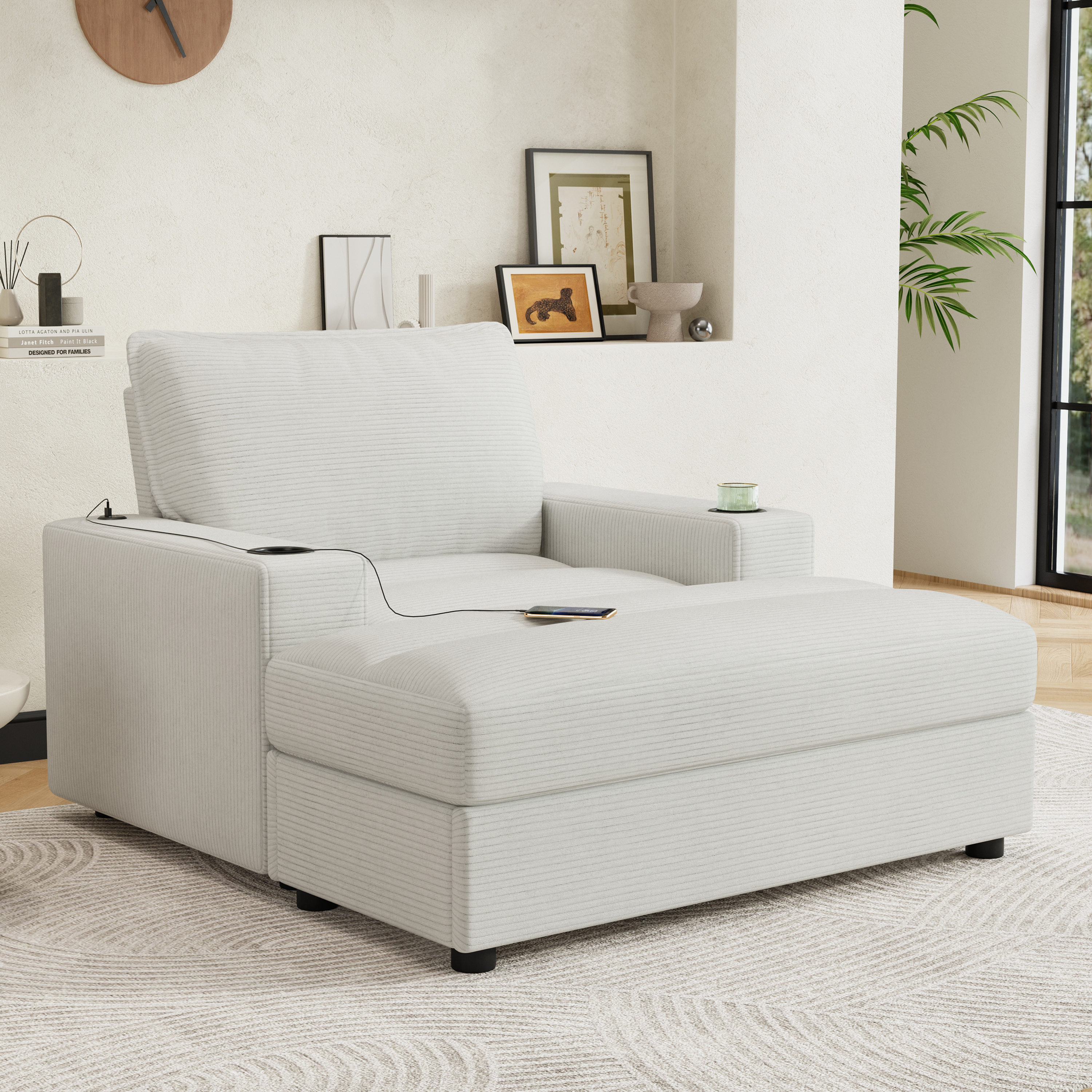 Chaise Lounge Chair, Oversized Sofa Bed with Storage Ottoman and Built-in USB Charging Port, Corduroy Upholstered Sleeper with Dual Cup Holders and Deep Seat, Reading Couch, Beige
