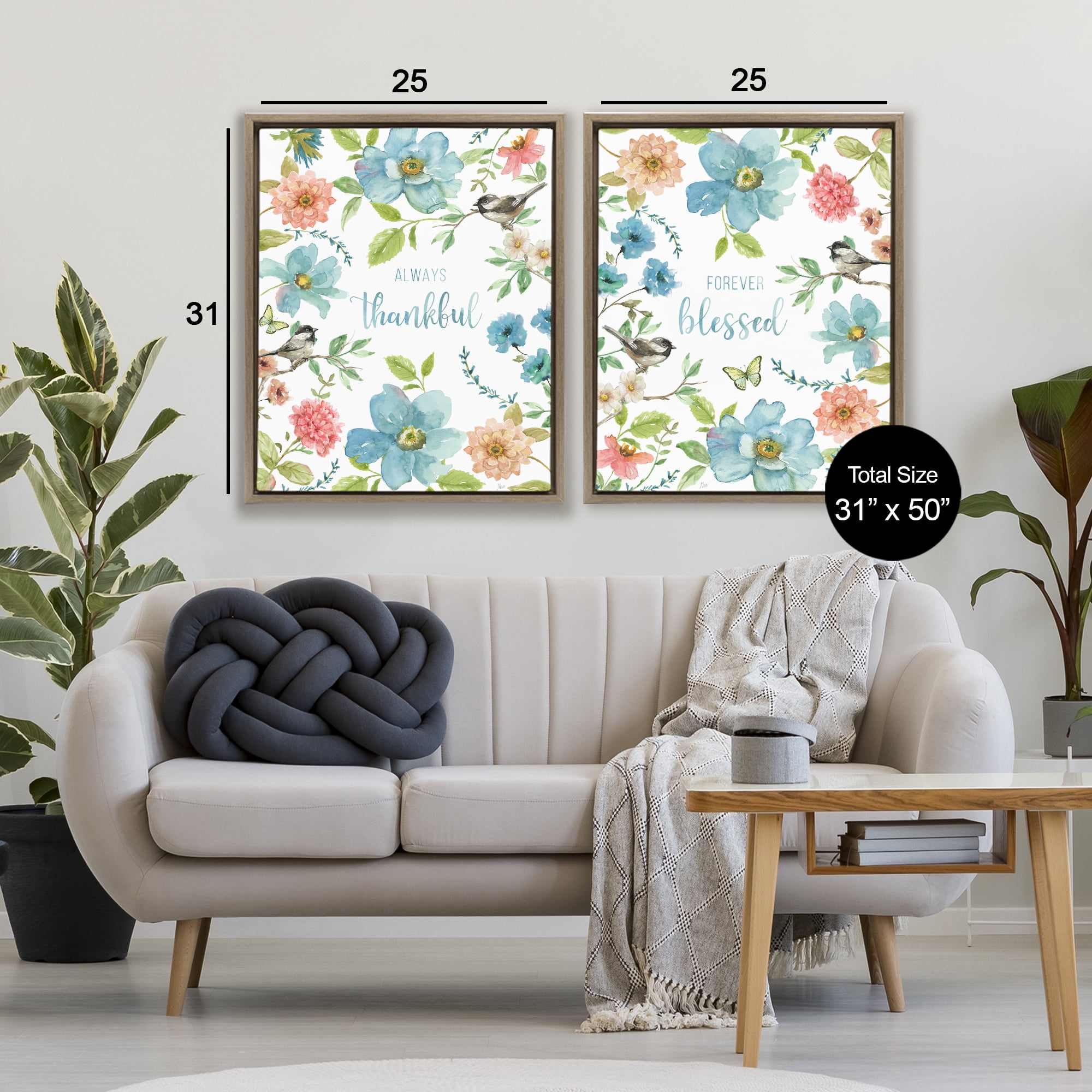 Stupell Industries Pink & Blue Gratitude Blooms 2 Piece Brown Framed Floater Canvas Set, design by Nan