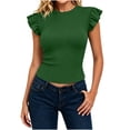 thumbnail image 3 of ClodeEU Women's Crew Neck Ruffle Cap Sleeve T-Shirt,Fitted Ribbed Knit Basic Slim Top Army Green,Women's Plus L, 3 of 7
