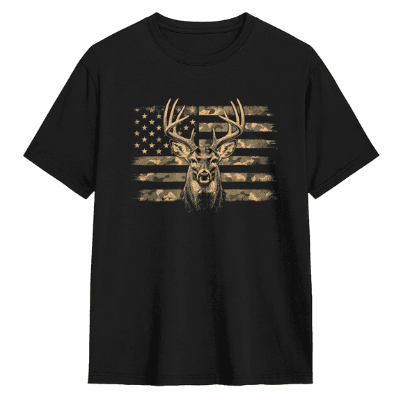 Deer Hunting American Flag Retro Graphic Tee for Men, Humorous Hiking Cotton Short Sleeves T-Shirt