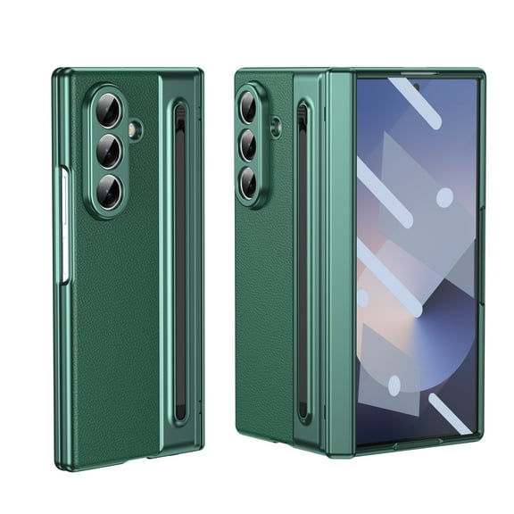 Hinge Protection for Samsung Galaxy Z Fold 7 Case with S Pen Holder,Shockproof Anti-Scratch 360 Full-body Leather   Tempered Glass Screen Protector Film Protective Phone Cover,Green