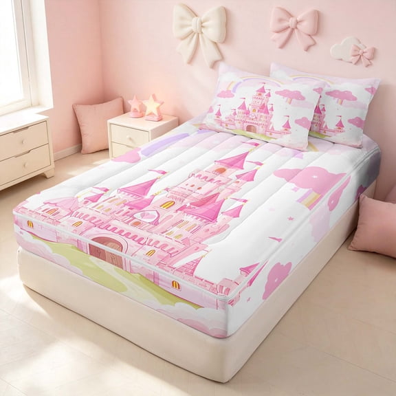 Erosebridal Dreamy Castle Zipper Twin Comforter Sets with Fitted Sheet and 2 Pillowcases for Girls, Kawaii Rainbow Zipper Bedding Set, Colorful Stars Reversible