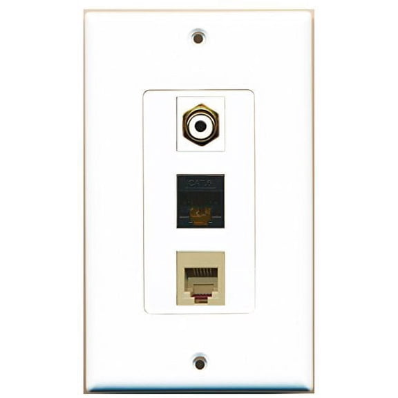RiteAV - 1 Port RCA White and 1 Port Phone RJ11 RJ12 Beige and 1 Port Cat6 Ethernet Black Decorative Wall Plate Decorative