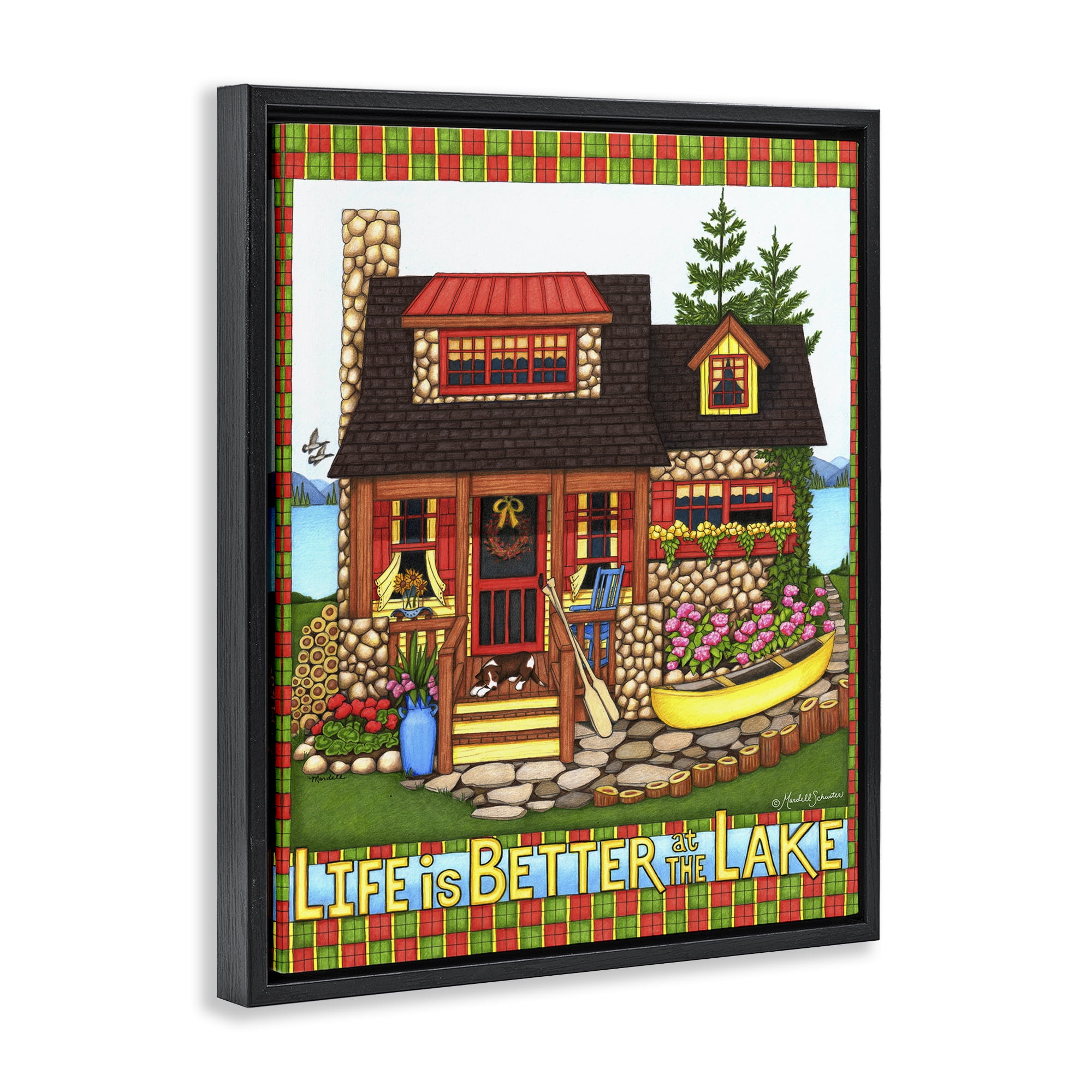 Stupell Industries Patterned Better At Lake Landscape & Nature Painting Black Floater Framed Canvas Art Print Wall Art, 17 x 21