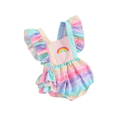 

Co.MMehjri Newborn Baby Girls Romper 0-18M Infant Fly Sleeve Square Neck Rainbow Print Infant Bodysuit Summer Clothes for Casual Daily
