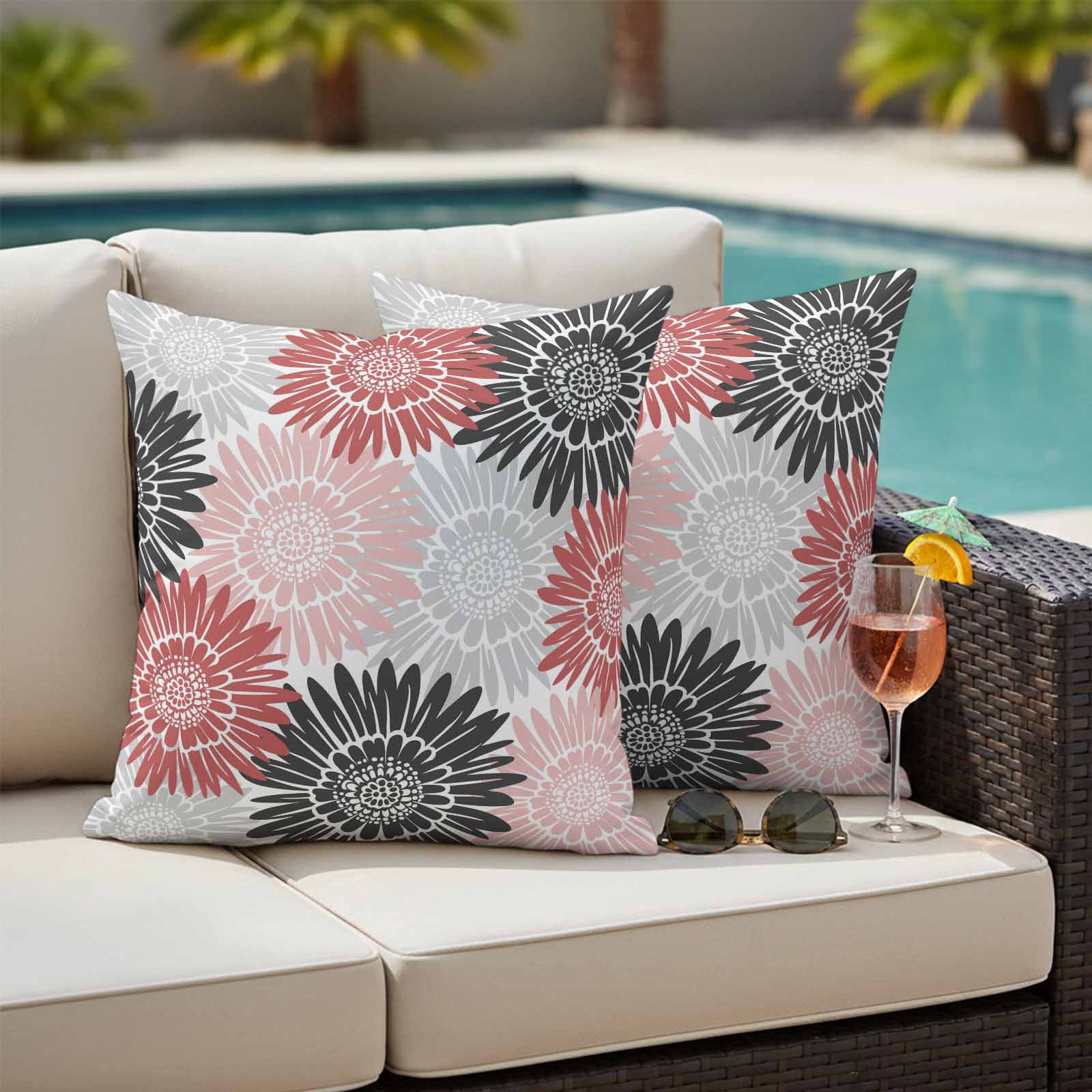 Red Pink Grey Sunflowers Outdoor Waterproof Throw Pillow Covers 20x20 Set of 2, Boho Retro Floral Rustic Blossom Pillowcases Cushion Pillowcase for Couch Sofa Patio Outside Pillow Protector