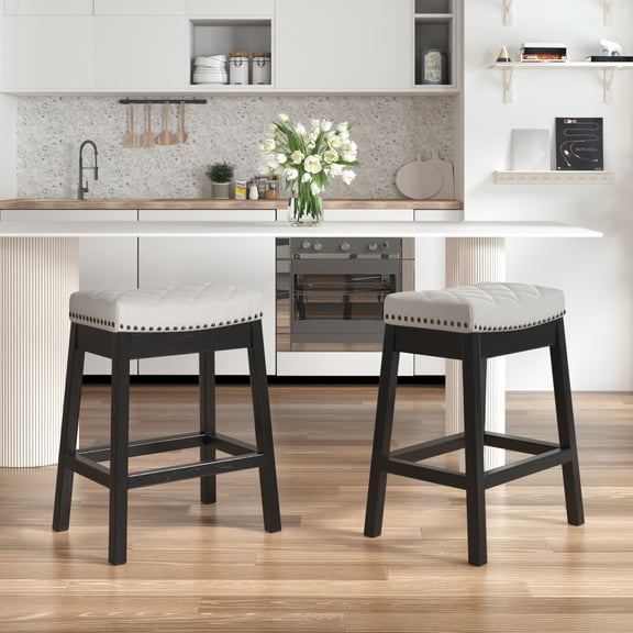 BUPPLEE Set of 2 Backless Counter Stools with Solid Wood Frame, Upholstered Bar Stools for Kitchen Island, Dining Room & Home Bar