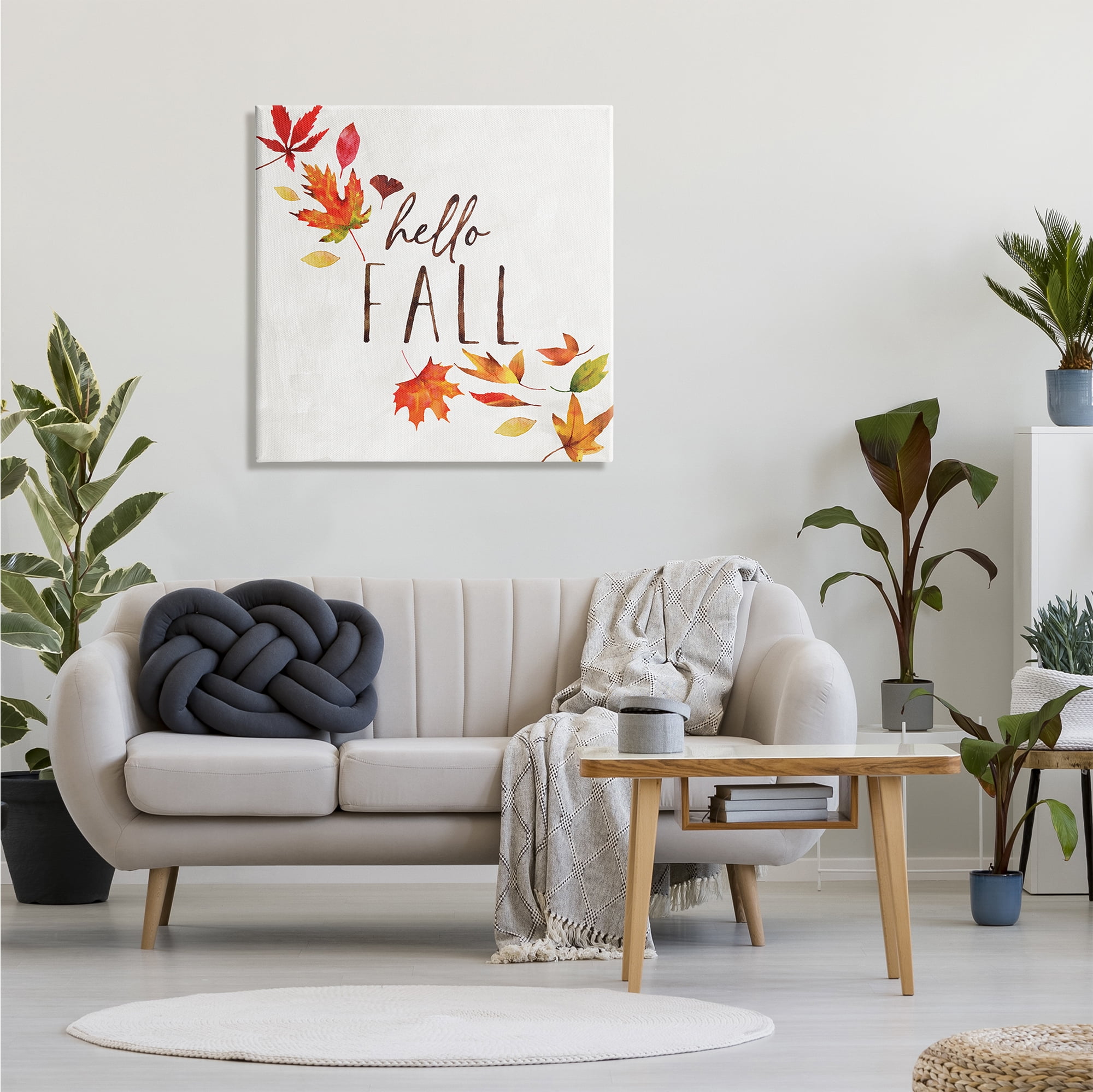 Stupell Industries Hello Fall Autumn Tree Leaves Seasonal Statement Botanical & Floral Painting Gallery Wrapped Canvas Print Wall Art, 30 x 30