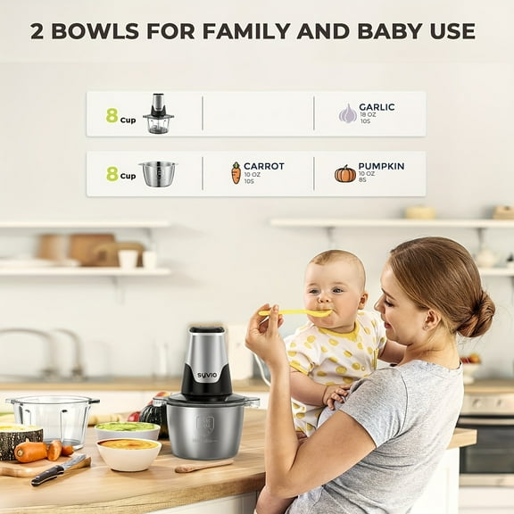 Syvio 450W Food Processors with 2 Bowls, Meat Grinder 4 Bi-Level Blades, Mini Electric Food Chopper, for Baby Food, Meat, Onion, Vegetables Chopper, 2 Speed, Christmas Gifts