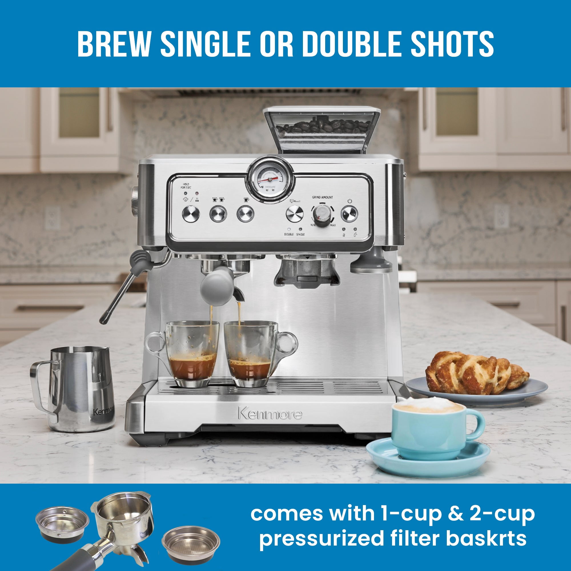 Kenmore Espresso Machine With Grinder & Milk Frother, Stainless Steel