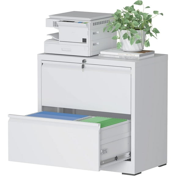 File Cabinet with Lock, 2 Drawer Lateral Filing Cabinets for Home Office, White Metal Heavy Duty File Cabinets for Hanging Letter/Legal/F4/A4 Size Files, Assembly Required