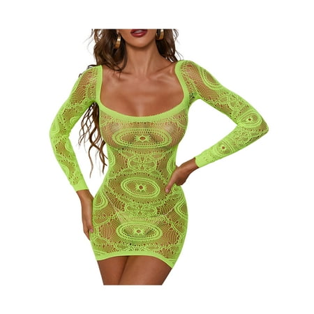 

Ladies Summer Sexy Nightwear Women Fashionable Hollow Perspective Mesh Long Sleeve Backless Short Hip Skirt Nightdress