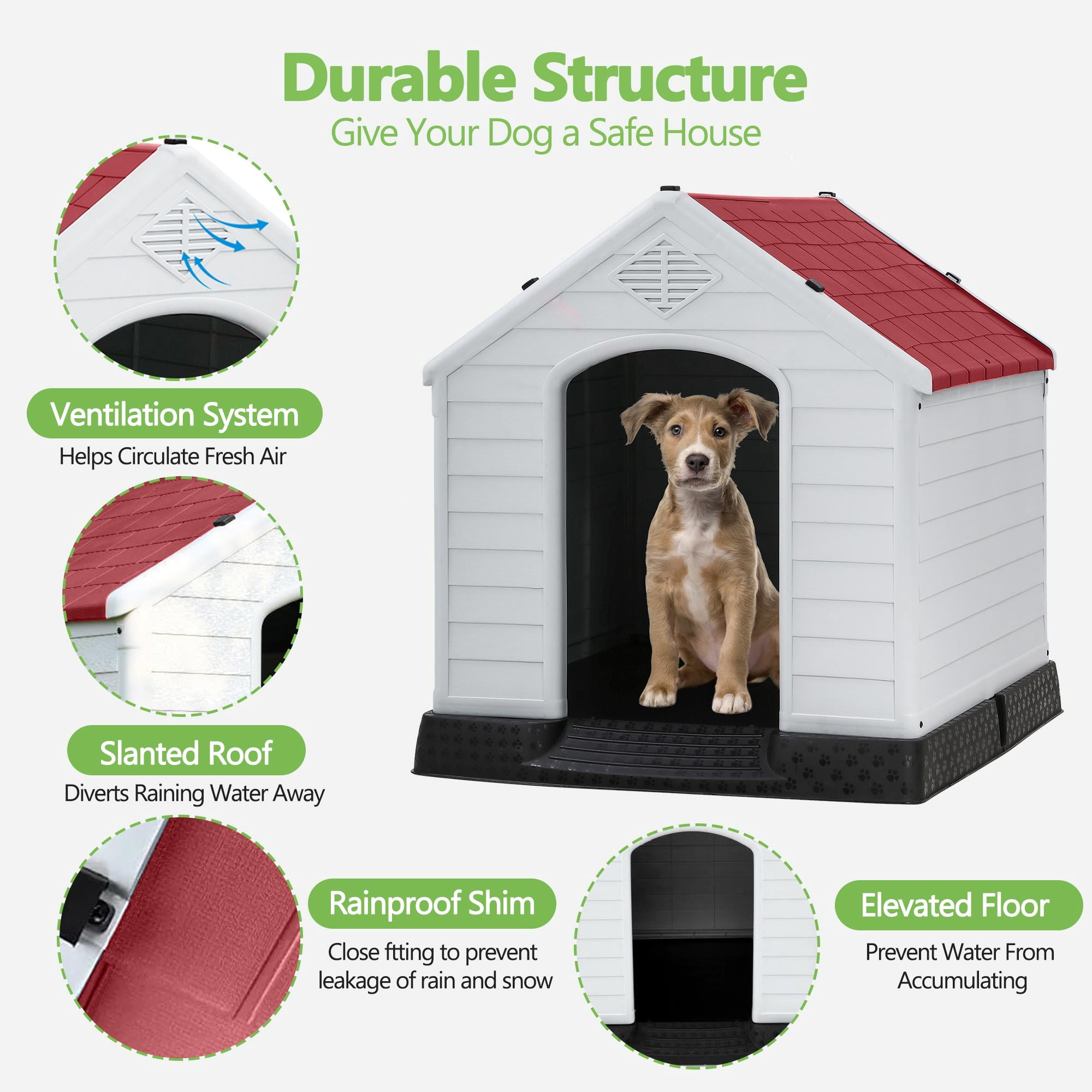 CL.HPAHKL Durable Plastic Dog House Outdoor Indoor, Waterproof Pet House for Small Medium Dogs, Insulated Puppy Shelter Doghouse with Elevated Floor and Air Vents(Red, 34 inch)