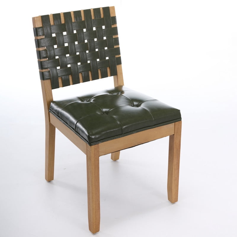 2-Piece Woven Backrest Dining Chairs, Mid‑Century Modern Armless Kitchen Chairs, PU Leather Upholstered Seat Accent Side Chair