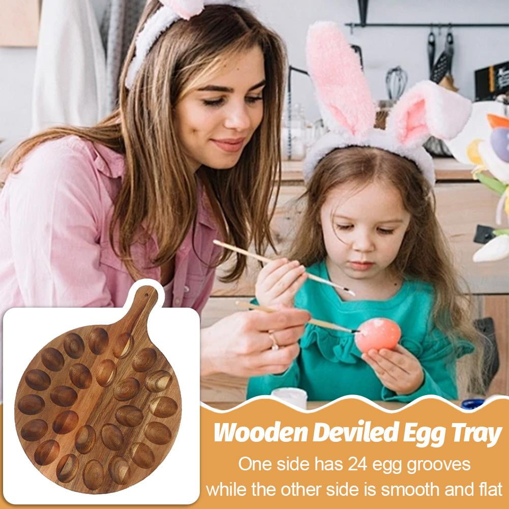 13in Wooden Egg Tray,24 Holes Round Egg Holder Container Charcuterie Board for Kitchen Countertops,easter egg Serving Tray