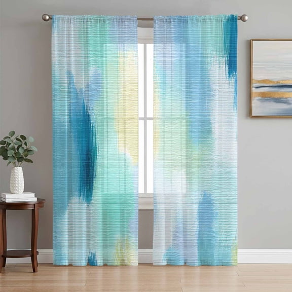 Green Blue Ombre Sheer Curtains 96 Inch Length 2 Panels Set, Modern Abstract Art Oil Painting Voile Window Treatment Semi Sheer Long Curtains Drapes for Bedroom/Living Room/Kitchen 52"x96"x2
