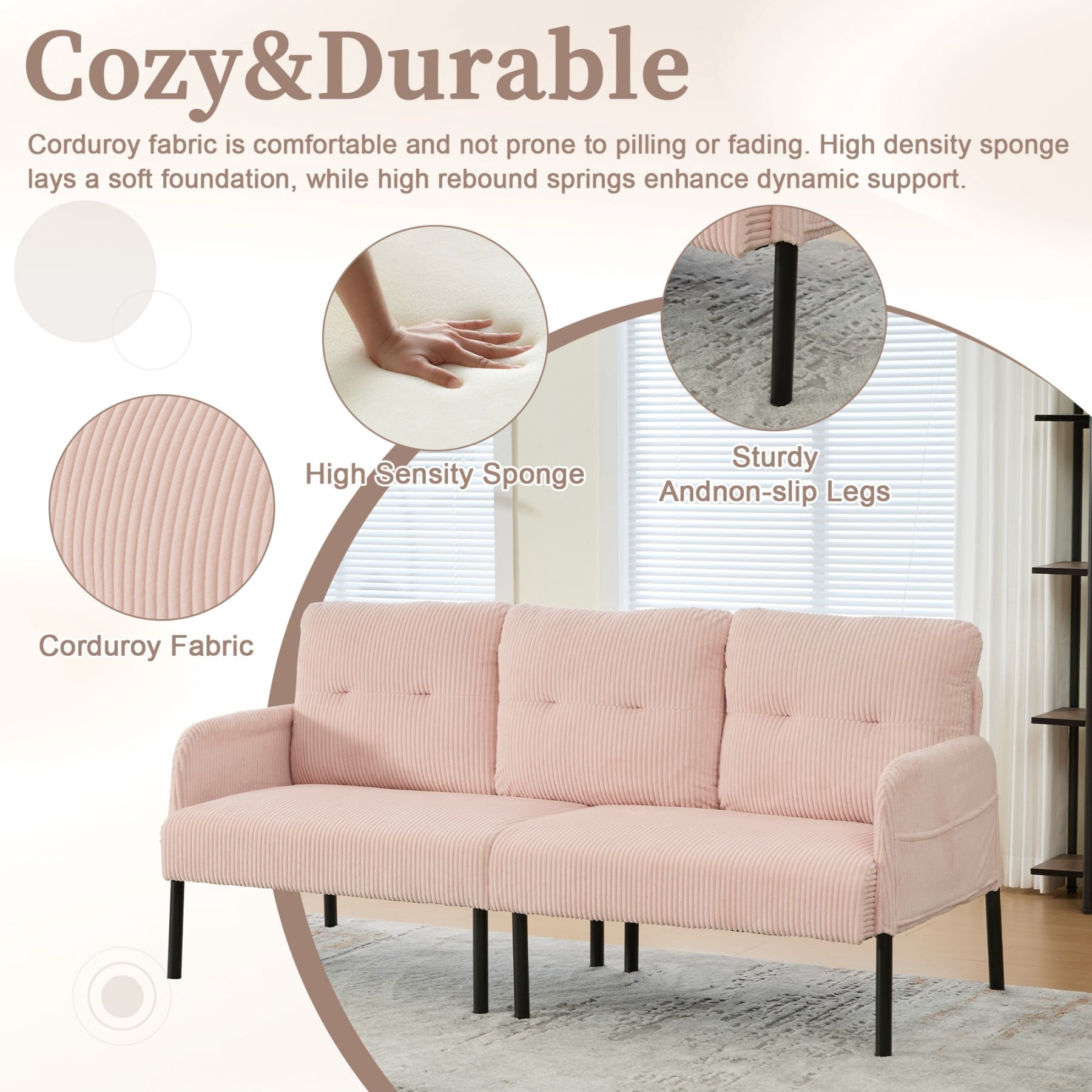 Oversized Loveseat Sofa, Modern Corduroy Upholstered Couch with Side Pockets & Metal Legs for Living Room Bedroom, Pink