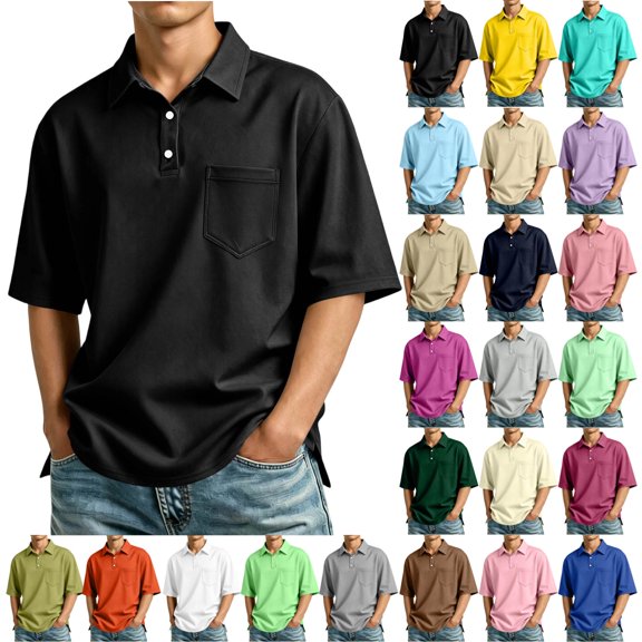 GrmtClth Mens Polo Shirts loose Fit Performance Half Sleeve Wrinkle Free Chest Pocket Collared Shirt Soft Stretchy Casual Athletic Work Uniform Summer Daily Outdoor Activities Black M