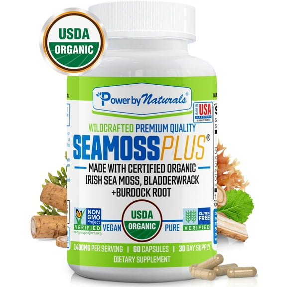 Power by Naturals USDA Organic Sea Moss Plus Bladderwrack and Burdock Root Supplement - Gut, Energy, Immune Suport, 60 Seamoss Capsules
