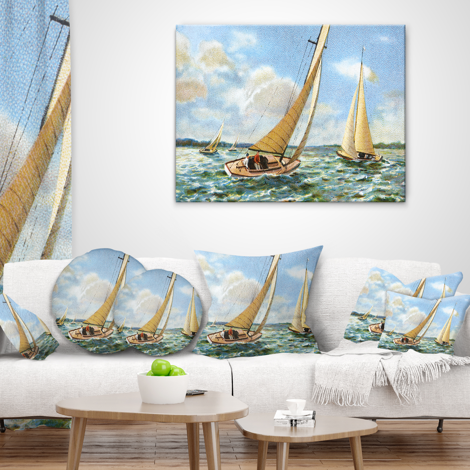 Designart Vintage Boats Sailing - Seascape Painting Throw Pillow - 12x20