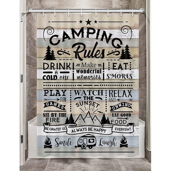 Camper RV Shower Curtain for Travel Trailer, Farmhouse Camping Rules Quote Small Narrow Shorter Fabric Shower Curtains Set,Camp Decor Bathroom Accessories with Hooks,6pcs Hooks, 36X70 IN