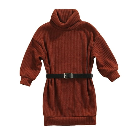 

Sunisery Kids Baby Girls Casual Dress Knitted High-Neck Long Sleeve Turtleneck Dress with Waist Belt Caramel 3-4 Years