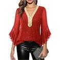 thumbnail image 7 of LIBRCLO Tunic Tops for Women V-Neck Ruffled Fashion Spring Fall Loose 3/4 Sleeve Pullover Comfortable Gold-foiled Sparkling Mesh Solid Color Lightweisht Shirts, 7 of 7