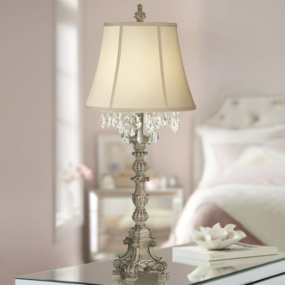 Barnes and Ivy Duval Traditional Table Lamp 34" Tall Distressed Antique White Candlestick Crystal Beige Bell Shade for Bedroom Living Room Nightstand